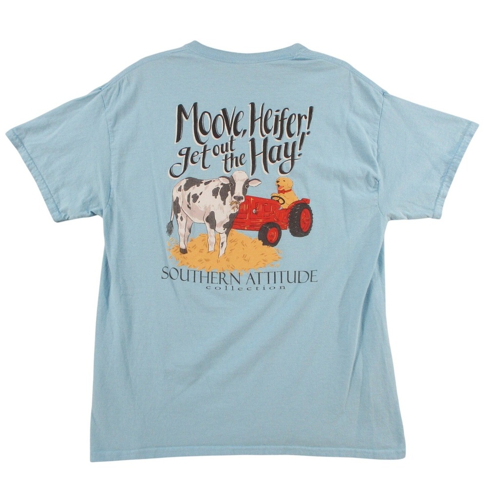 Southern Attitude Moove Heifer Cow Tractor Blue Graphic T-Shirt Large